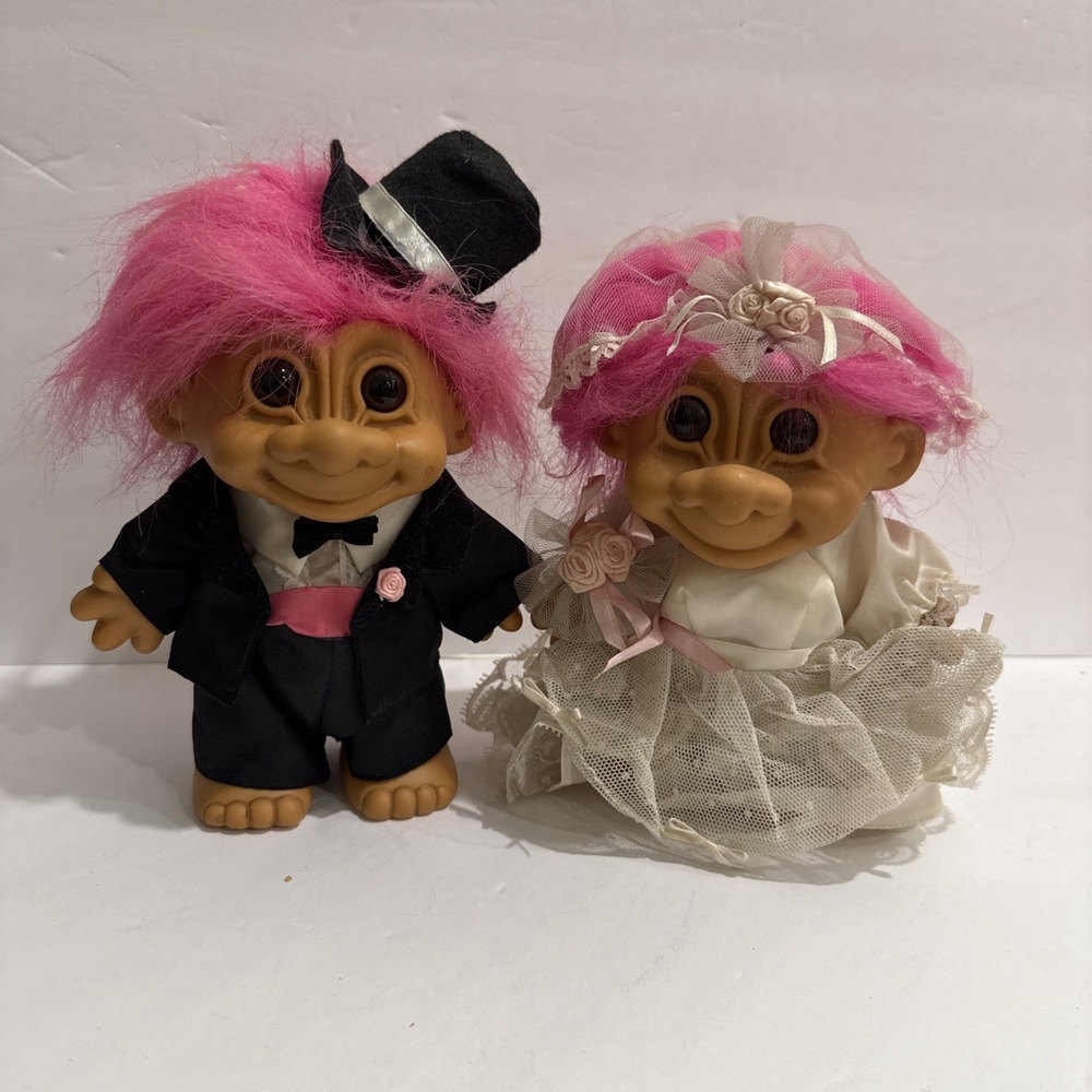 Bride and Groom Wedding Troll Set Vintage 90s Pink Hair Marriage Dress Suit Hat